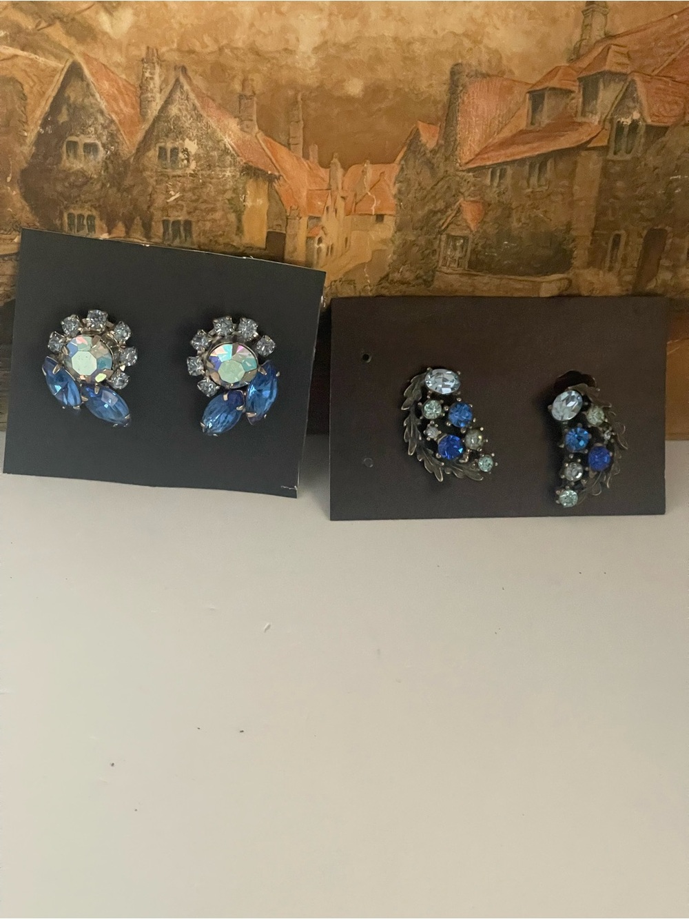 Vintage gorgeous blues Crystal Cluster Clip-On Earrings. One of them is lister